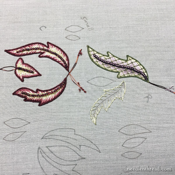 Stumpwork embroidery - leaf in long and short stitch with lattice and beads