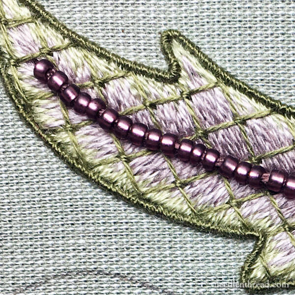 Stumpwork embroidery - leaf in long and short stitch with lattice and beads