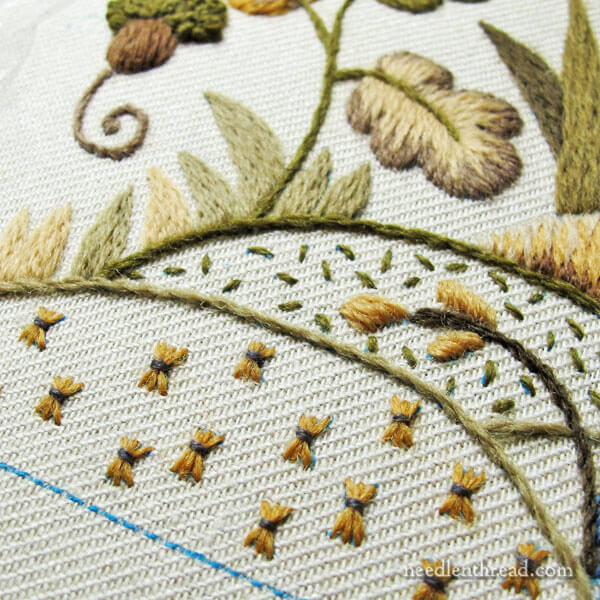 Crewel Embroidery Project: Mellerstain Firescreen progress - lower left sheaf stitch
