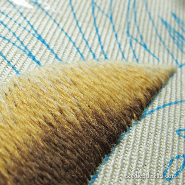 Crewel Embroidery Project: Mellerstain Firescreen progress - lower left long & short stitch