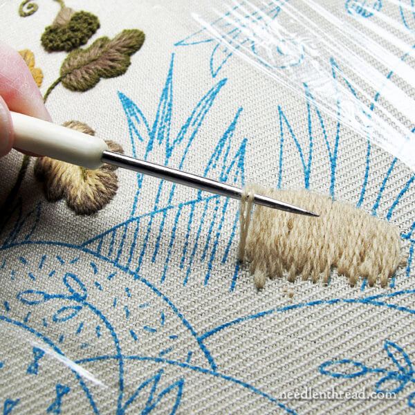 Crewel Embroidery Project: Mellerstain Firescreen progress - using a laying tool