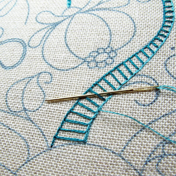 Raised Stem Stitch on a Tree Trunk
