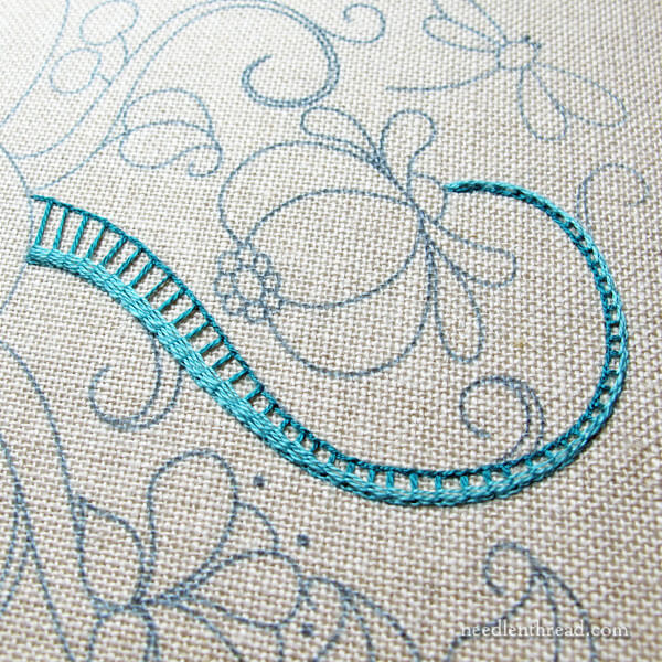 Raised Stem Stitch on a Tree Trunk