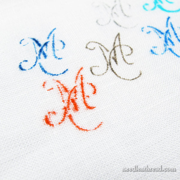 Transferring monogram stencils to fabric using pens and pencils