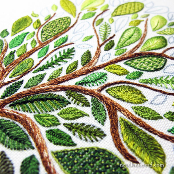 Leafy Tree Embroidery Sampler - stitches and leaves