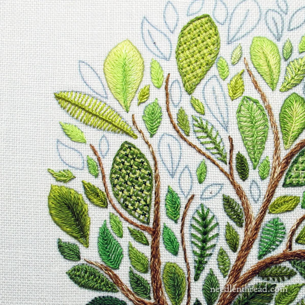 Leafy Tree Embroidery Sampler - stitches and leaves