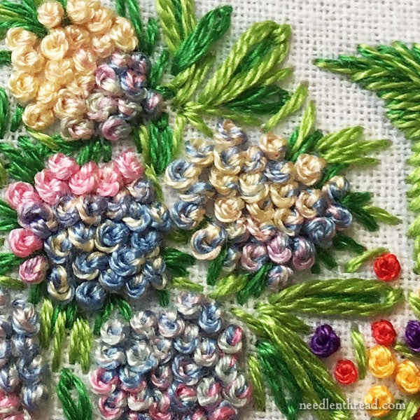 French knots on hydrangeas with variegated thread
