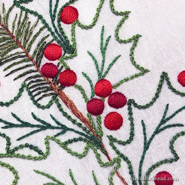 Holly & Evergreens Christmas embroidery corner design