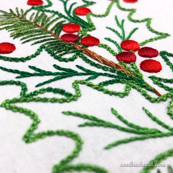 Holly & Evergreens Christmas embroidery corner design