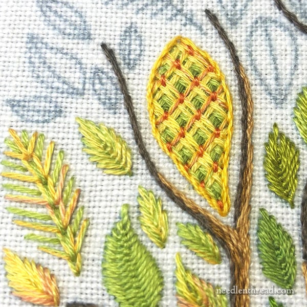 Stylized Tree with Large Leaves, embroidered