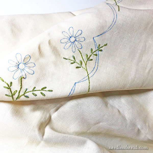 Vintage Mid Century Blue Yellow and White Linen Tablecloth Floral Motif Excellent Condition 1960’s Decor Retro 44” X 52”