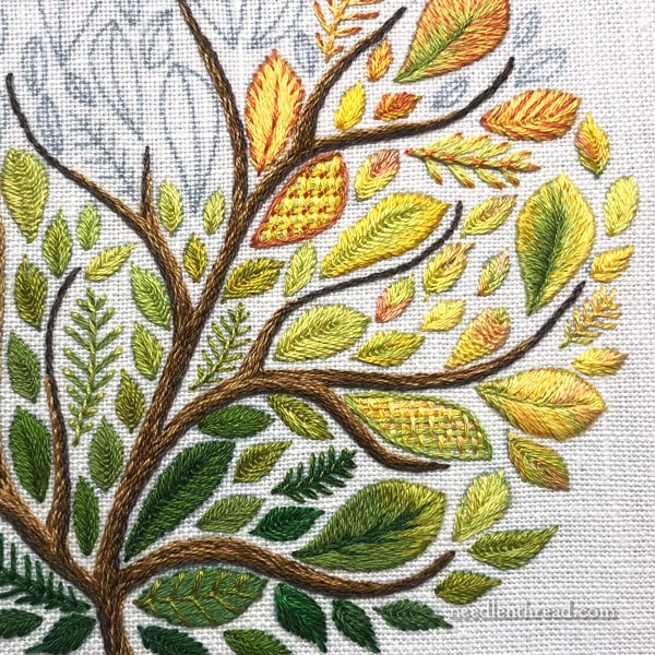 Hand embroidered tree with big leaves