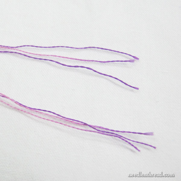 Reversing one strand of variegated thread for a softer look in the transitions