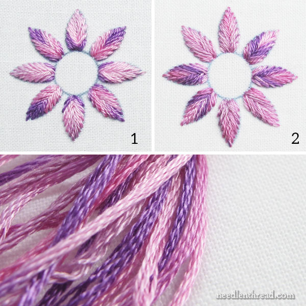 Two flowers stitched with variegated floss