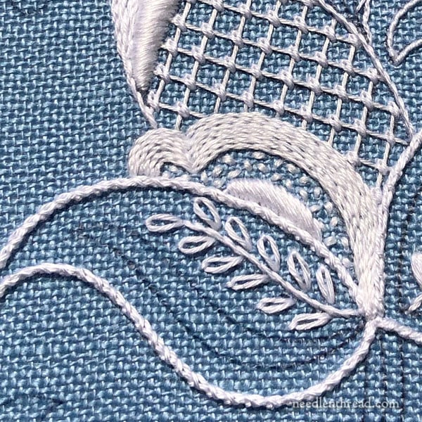 Jacobean whitework embroidery on blue linen