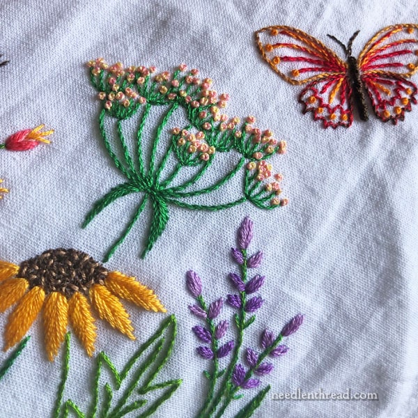 Hand embroidered summer garden on flour sack towel