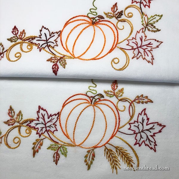 hand embroidery autumn design with pumpkin, leaves, wheat