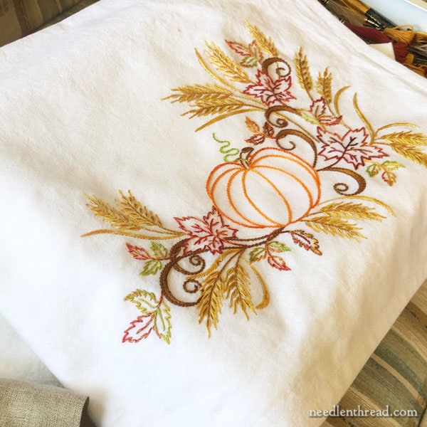 Pumpkin and leaves autumn embroidery project on linen