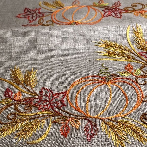 Festive Fall - pumpkin, leaves, wheat autumn embroidery on linen table runner