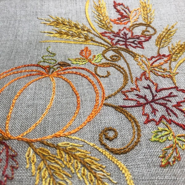 Festive Fall - pumpkin, leaves, wheat autumn embroidery on linen table runner