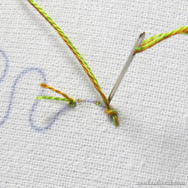 Stabbing the Coral Stitch for embroidery with a hoop