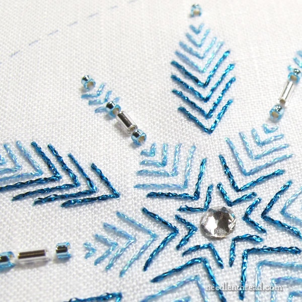 Embroidered Snowflake in blue metallics with beads and crystal