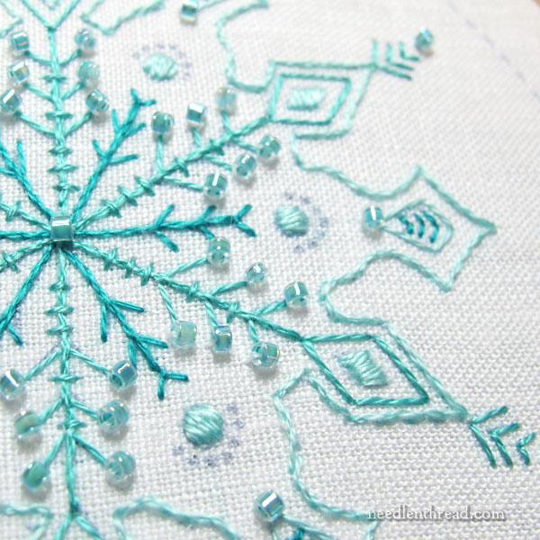 Embroidered Snowflake in wintermint color scheme with beads