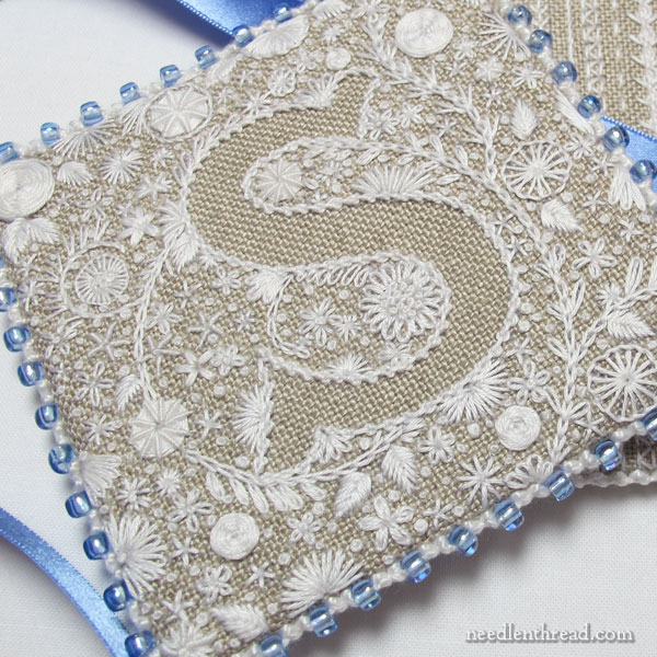 Voided Monogram in Whitework with Blue Trim