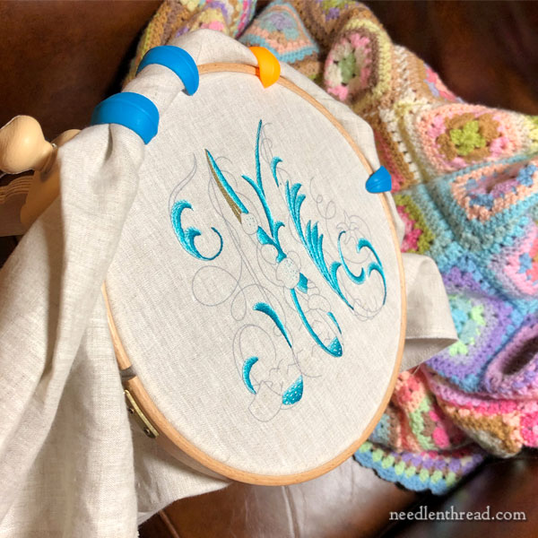 Sea to Stitch Monogram M, embroidery in silk on linen