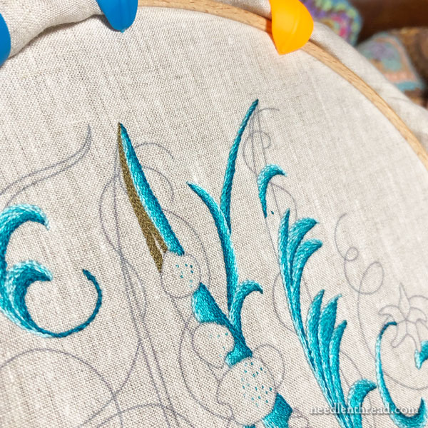 Sea to Stitch Monogram M, embroidery in silk on linen
