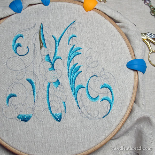 Sea to Stitch Monogram M, embroidery in silk on linen