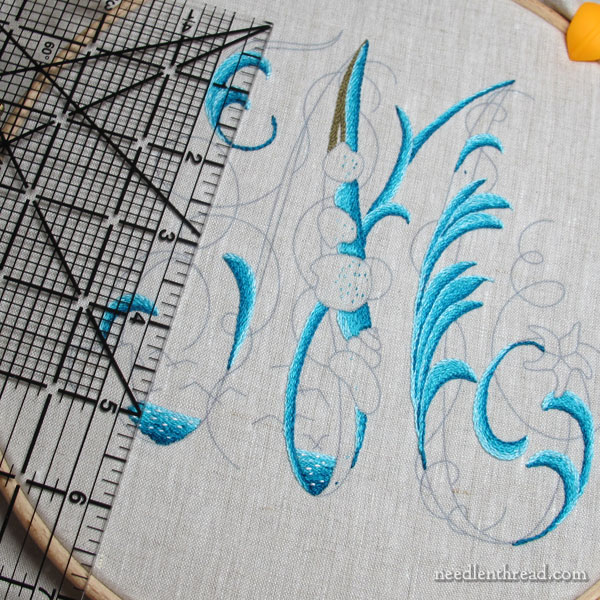 Sea to Stitch Monogram M, embroidery in silk on linen
