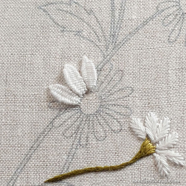 How to embroider daisies, part 3: stems, leaves, and more