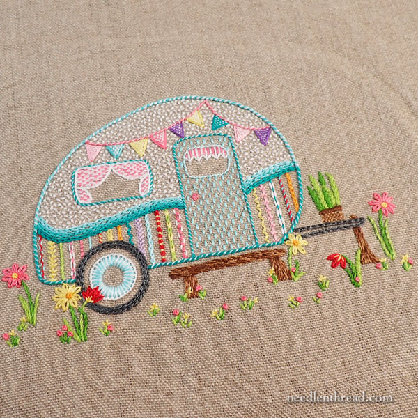 Happy Little Camper embroidery project for summer