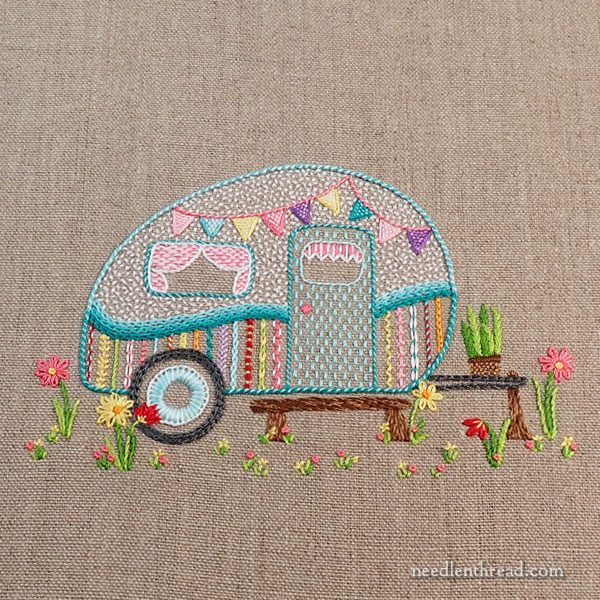 Happy Little Camper embroidery project for summer