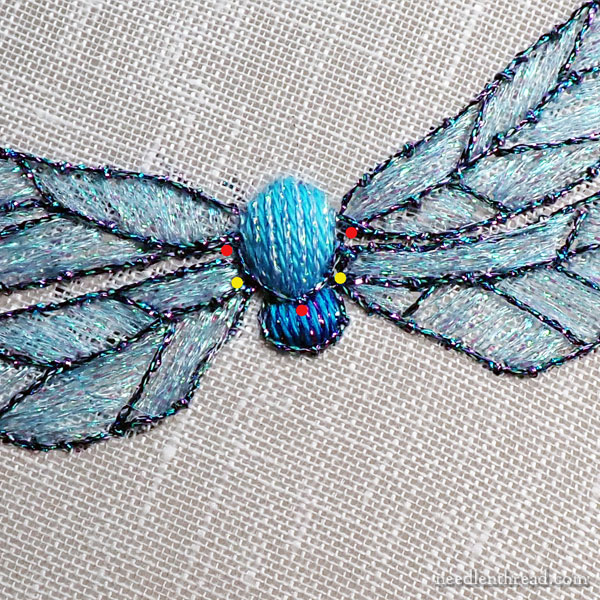 Embroidered dragonfly - tail, eyes, and bits
