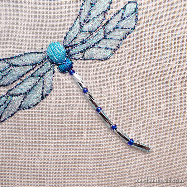 Embroidered dragonfly - tail, eyes, and bits