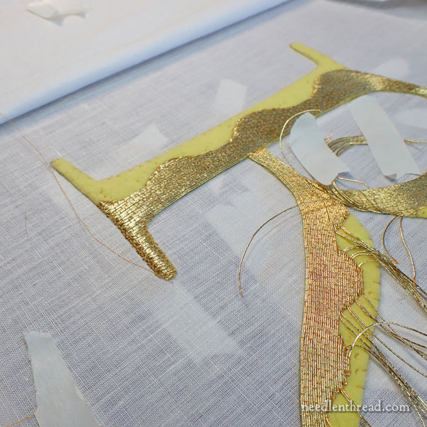 Goldwork embroidery: the letter R