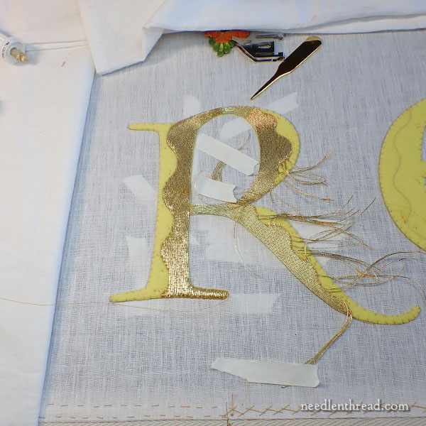 Goldwork embroidery: the letter R