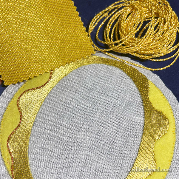 Goldwork Lettering on blue velvet