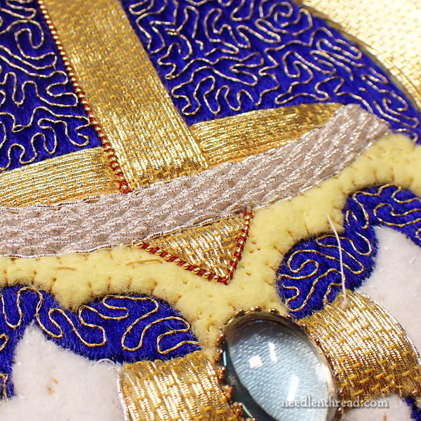 adding a semi-precious stone to goldwork embroidery