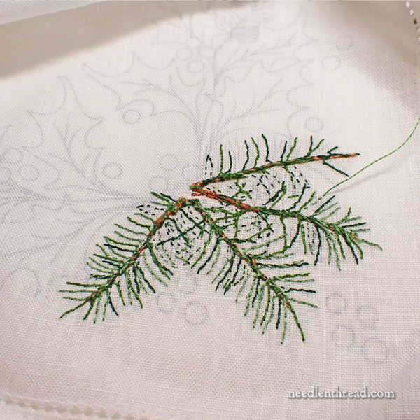 holly & evergreen embroidery on linen