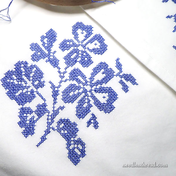 French Sampler Style Stamped Cross Stitch Design in Blue