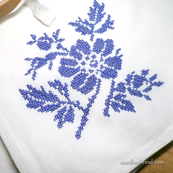 French Sampler Style Stamped Cross Stitch Design in Blue