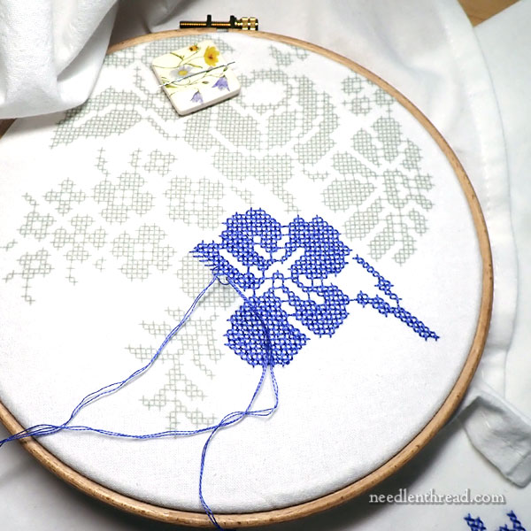 French Sampler Style Stamped Cross Stitch Design in Blue