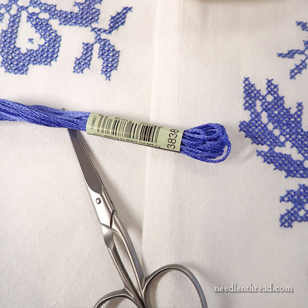 French Sampler Style Stamped Cross Stitch Design in Blue