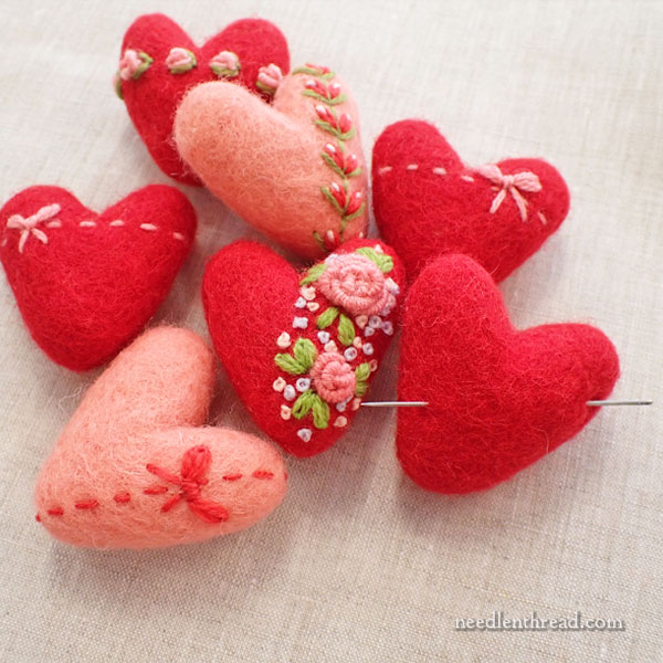 Embroidered Felted Hearts on Needle 'n Thread